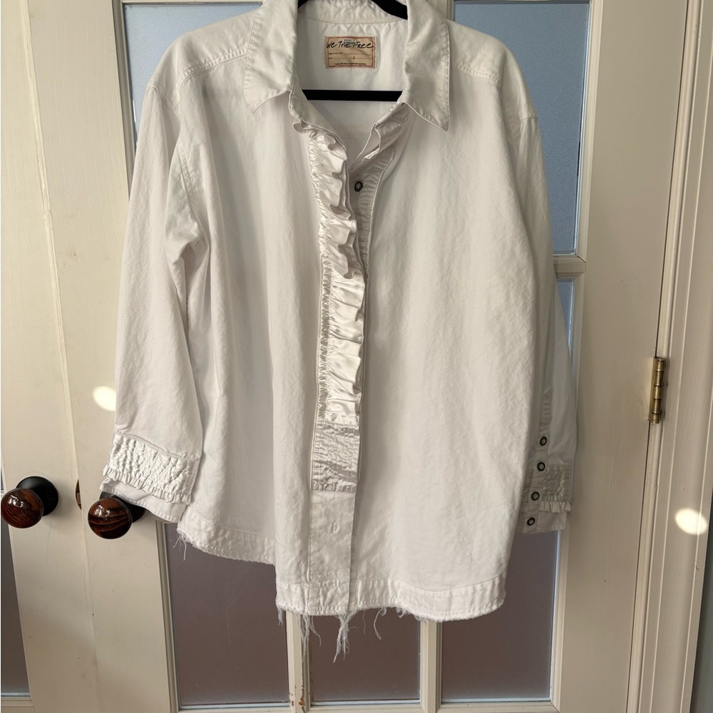 Free People White Ruffled Button-Up Shirt